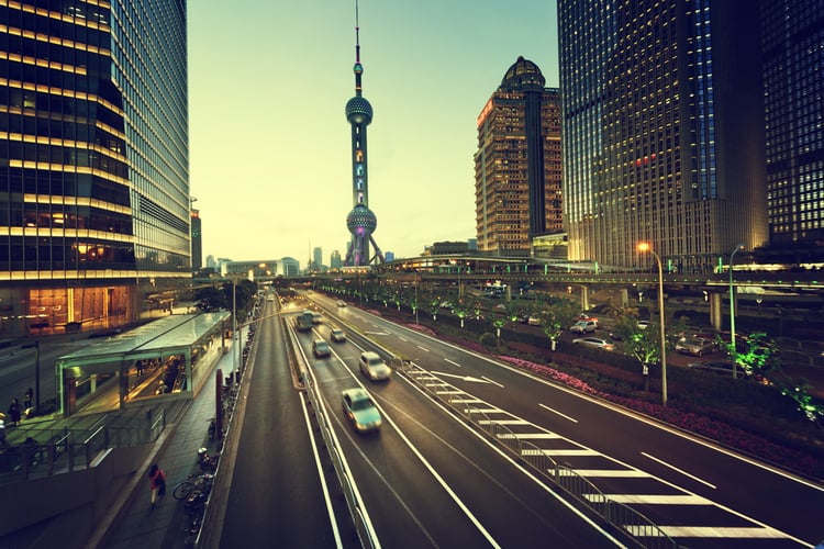 road in sunset time, Shanghai lujiazui financial center