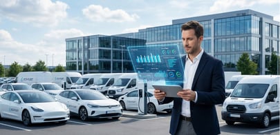 Un gestionnaire de flotte moderne analysant des données sur une tablette holographique devant un parc de véhicules d'entreprise