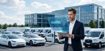 Un gestionnaire de flotte moderne analysant des données sur une tablette holographique devant un parc de véhicules d'entreprise