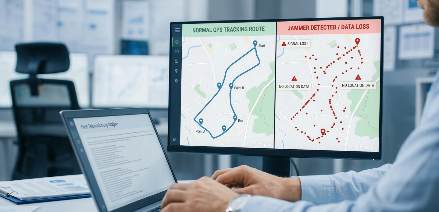 A close-up view of a fleet manager's hands typing on a laptop, with a split-screen monitor in the background showing a normal telematics tracking route on one side,