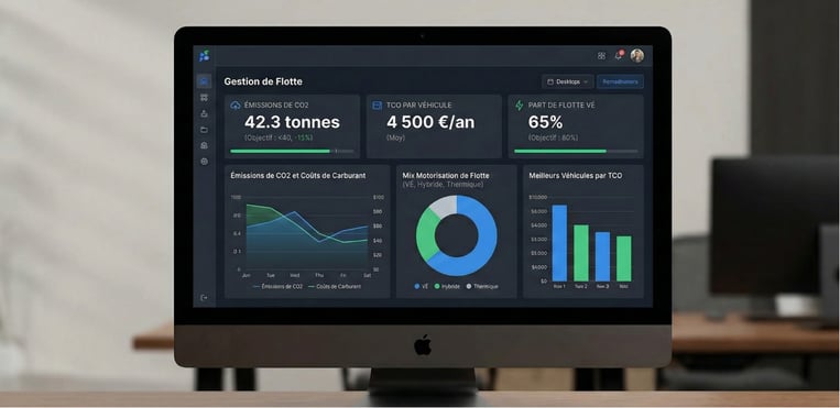 Tableau de bord numérique sur un écran d'ordinateur montrant des graphiques analytiques de gestion de flotte, avec des indicateurs clés
