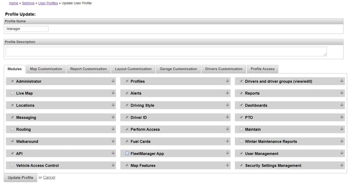 Update user profiles - modules (some off)