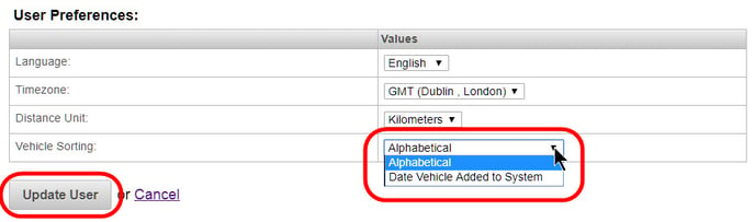Users - change user preferences - vehicle sorting