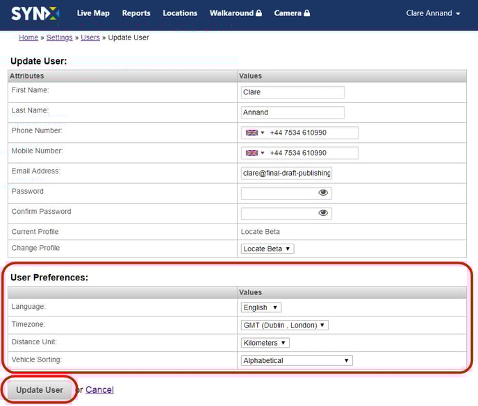 Users - change user preferences