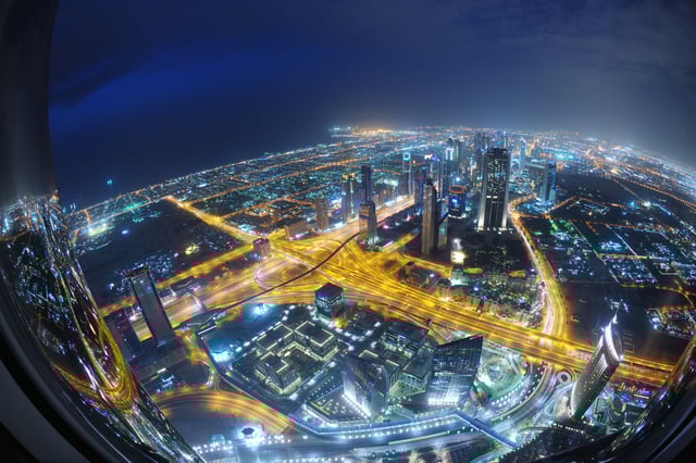 dubai city skyline main road and new skyscrapers at sunset