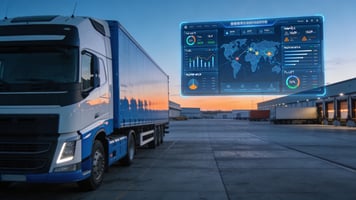 Un camion de transport de marchandises moderne stationné sur une plateforme logistique à l'aube,