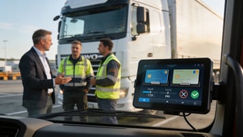 Photographie réaliste et corporate d'un gestionnaire de flotte discutant avec deux chauffeurs routiers 